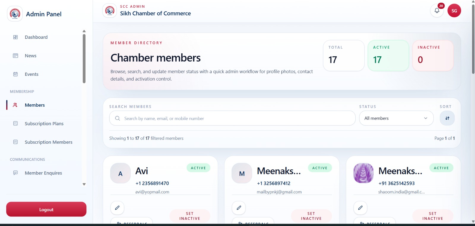 Chamber members directory with status filters