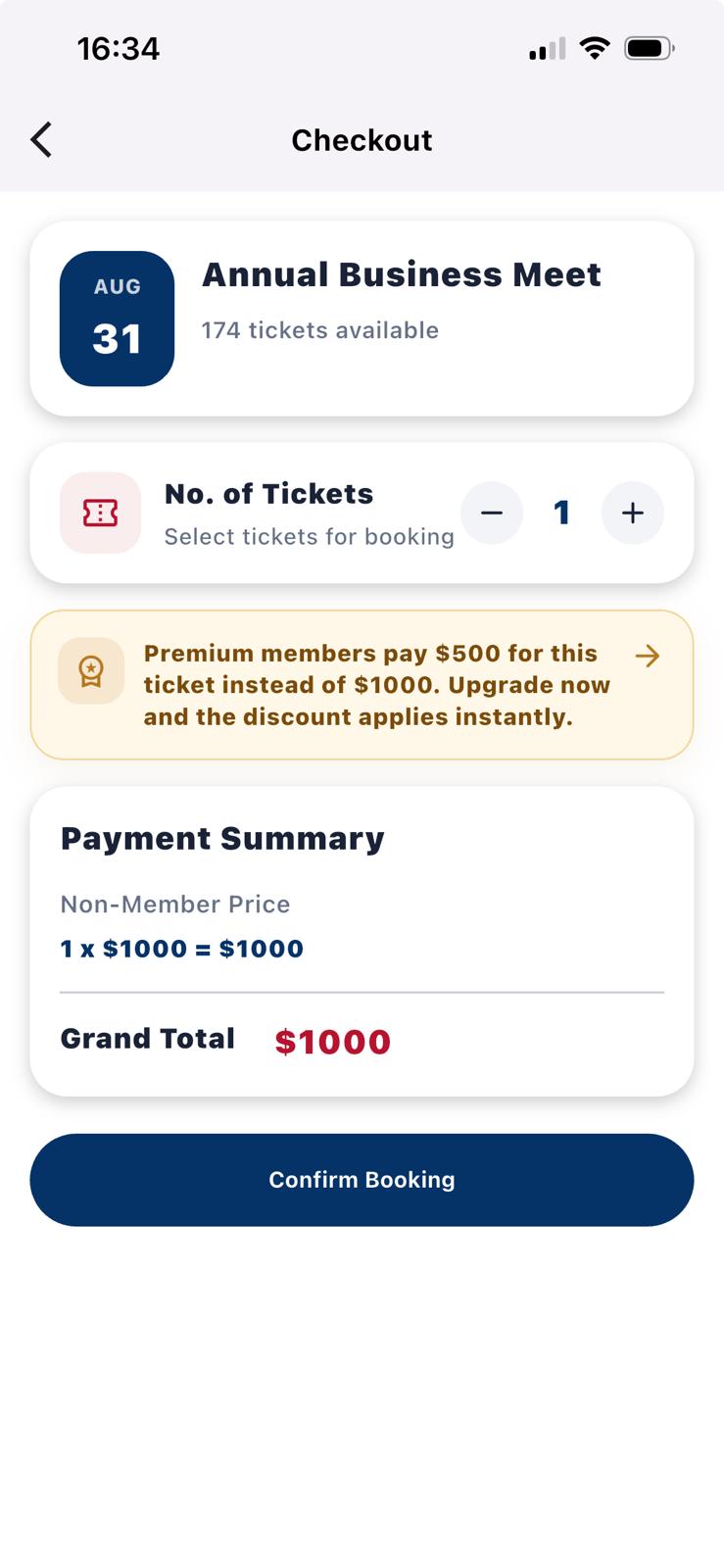 Checkout screen showing ticket quantity and payment summary