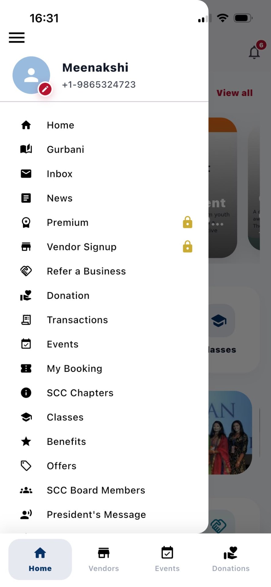 SCC app side menu with member profile and navigation