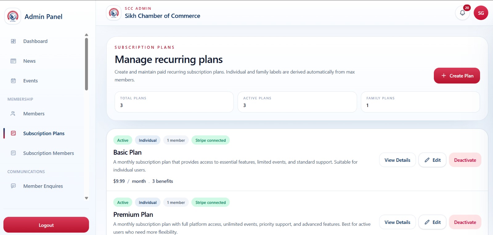 Subscription plans management with Stripe connection