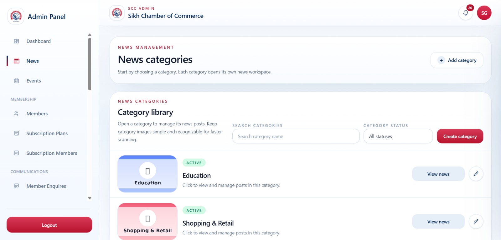 News category management in the SCC admin panel