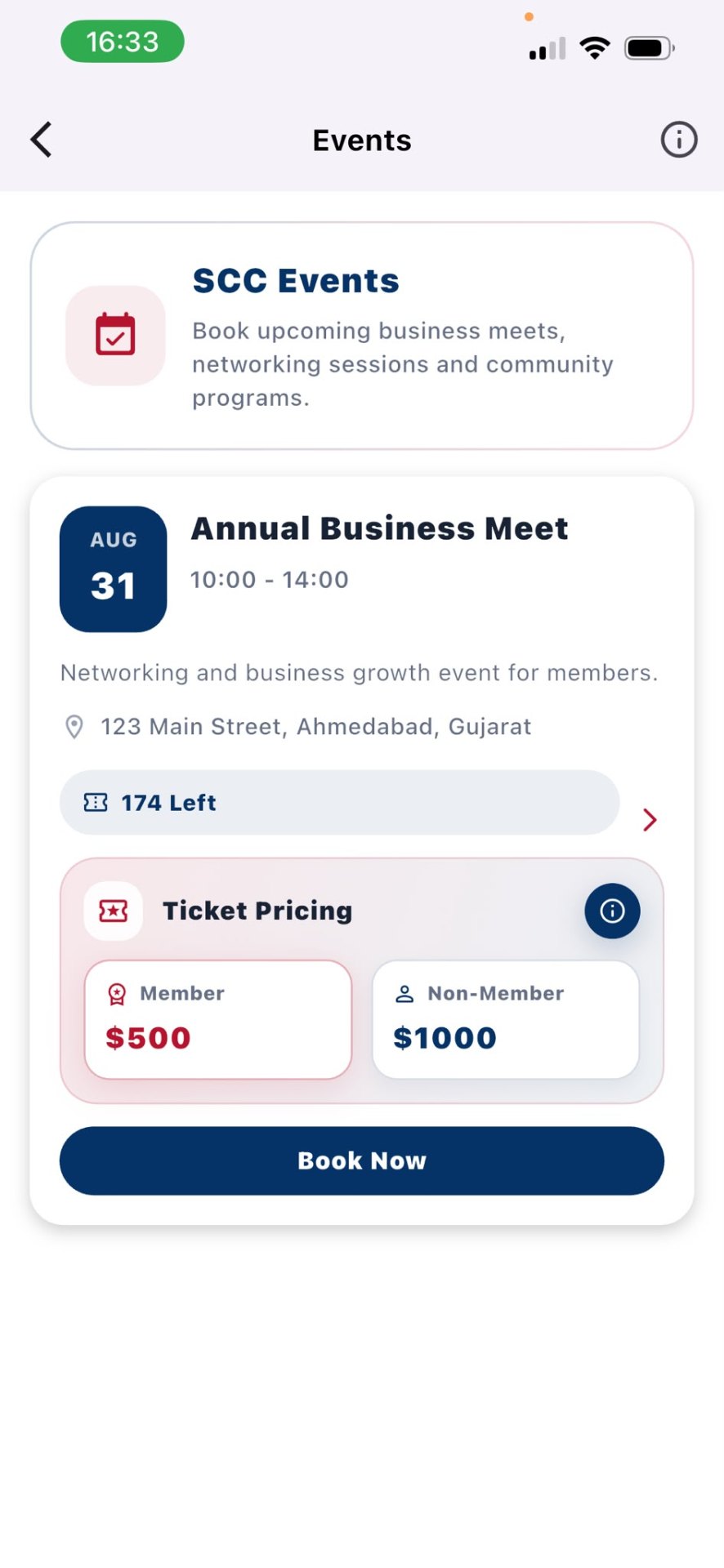 Event booking screen with member and non-member ticket pricing