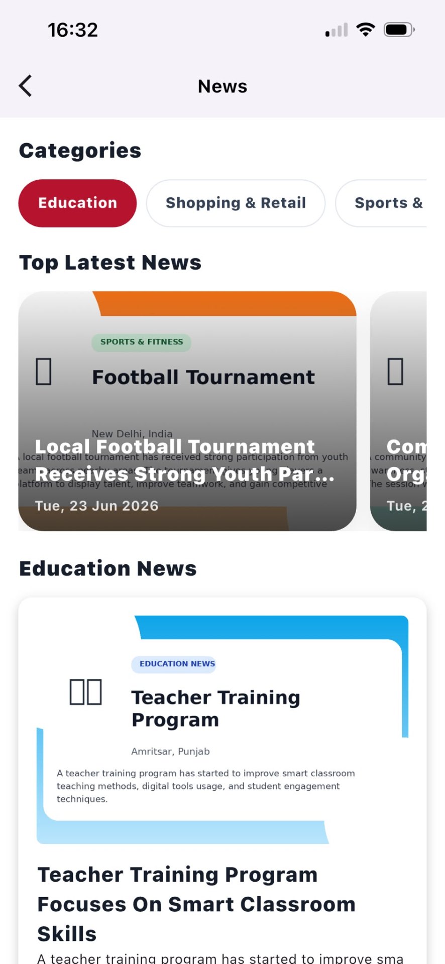 In-app news feed with community categories